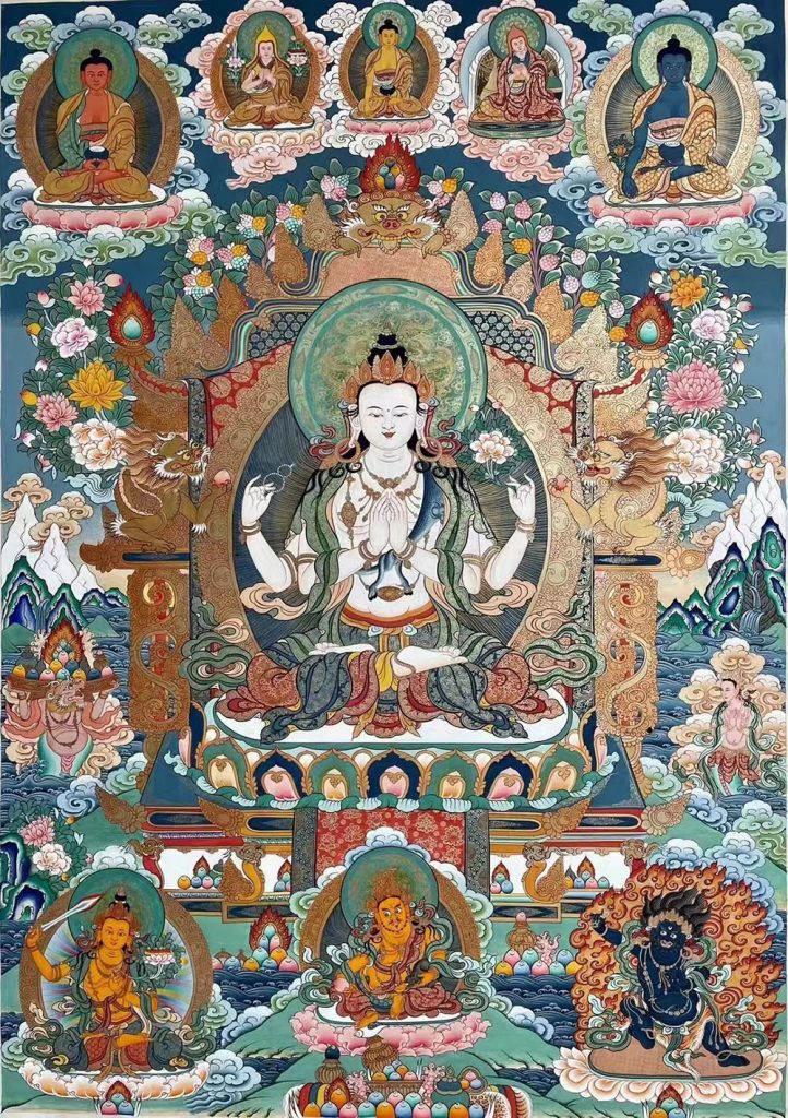 ｜已结缘·可定制｜唐卡寄卖编号：JM·188-898578-四臂观音东海净土（彩唐）