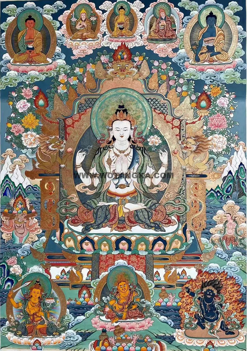 |已结缘·可定制|唐卡寄卖编号:JM·188-898578-四臂观音东海净土(彩唐)