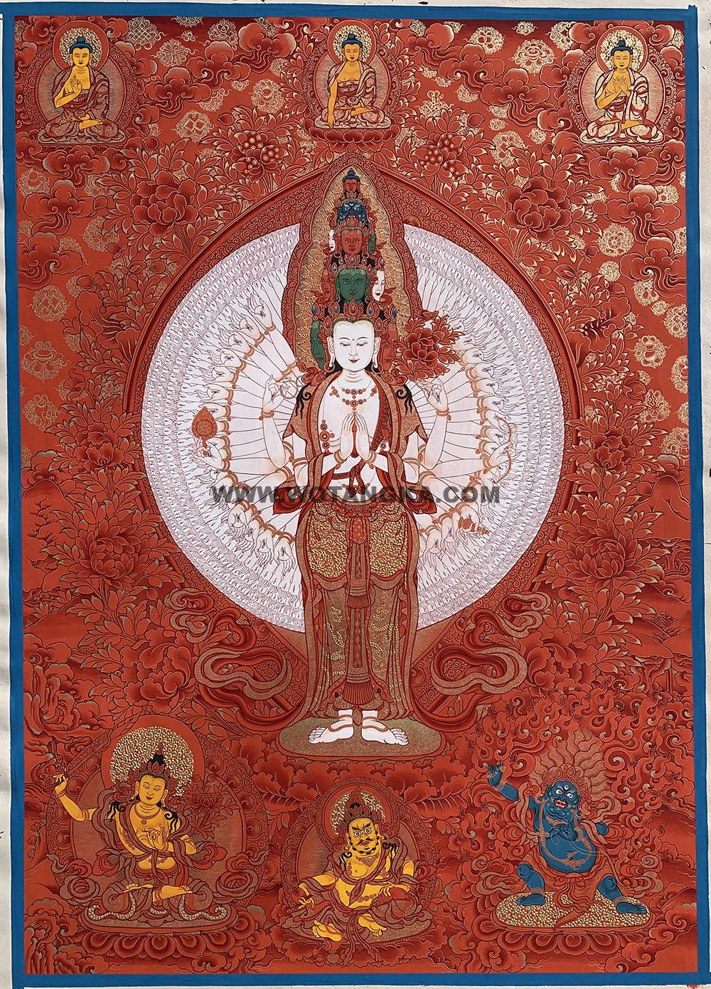 热贡-扎巴·画院:红金唐卡-千手观音·三怙主(100*70CM左右)