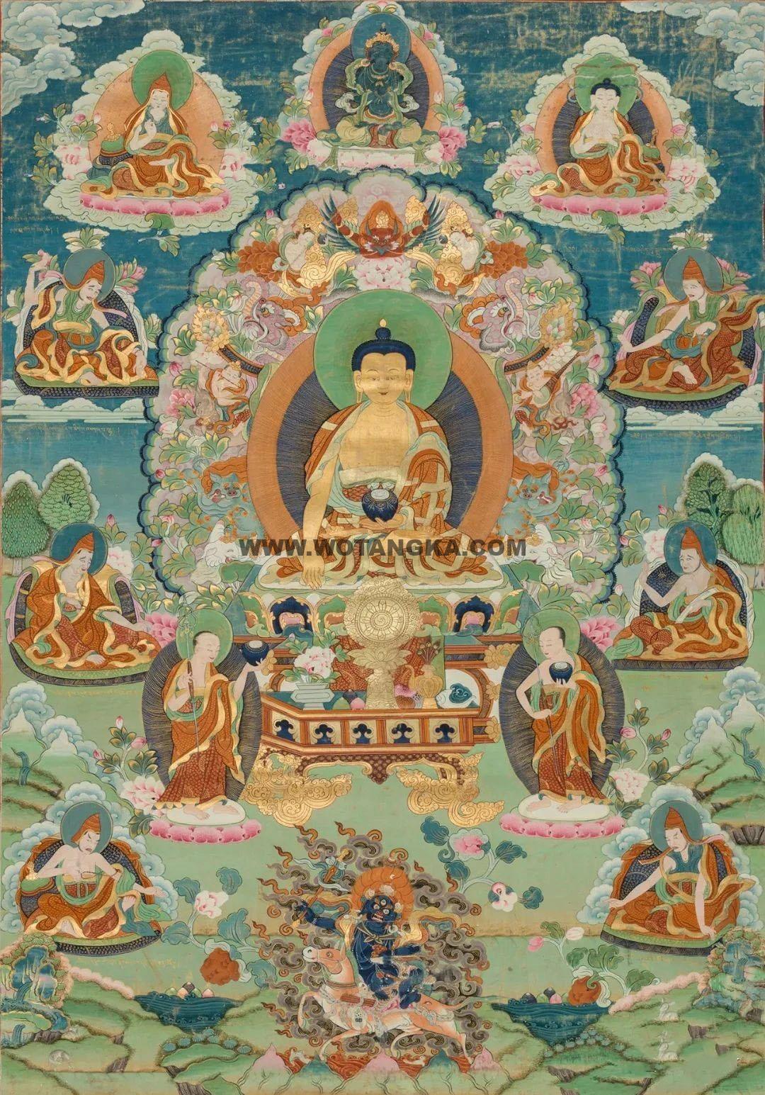 沃唐卡编号AC17705：释迦牟尼佛与二胜六庄严