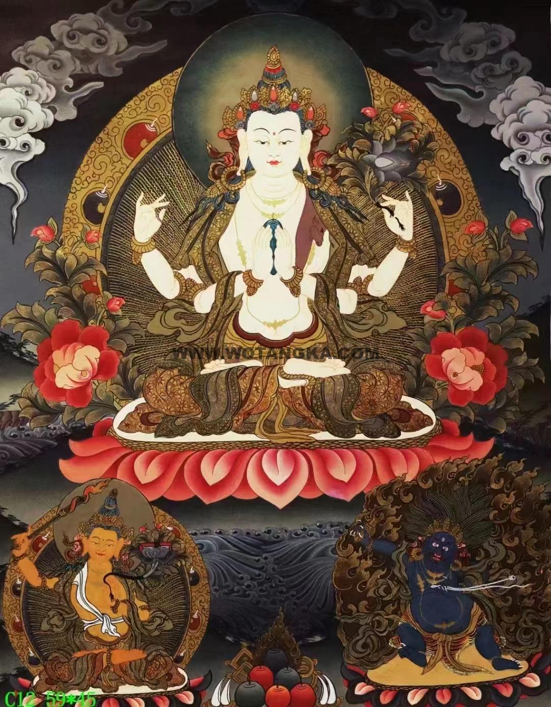 编号138-413406：彩绘唐卡-四臂观音·三怙主（59*45CM左右）