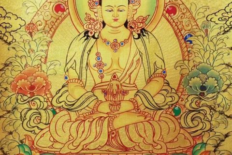编号138-544265：黄金唐卡-长寿佛·长寿三尊（55*40CM左右）