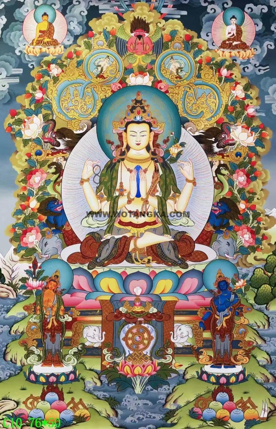 编号138-598750:彩绘唐卡-四臂观音·三怙主(76*50CM左右)