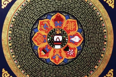编号138-685479：彩绘唐卡-六字真言坛城（70*70CM左右）