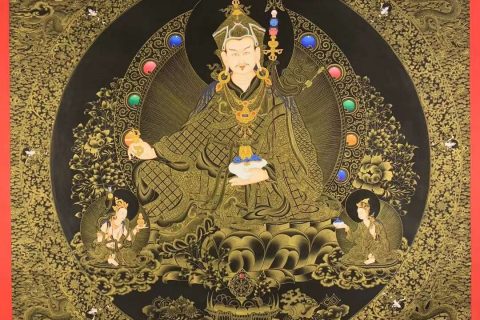 编号155-991436：黑金唐卡-莲花生大士·师君三尊（150*110CM左右）