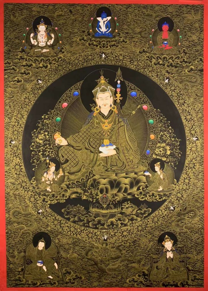 编号155-991436：黑金唐卡-莲花生大士·师君三尊（150*110CM左右）