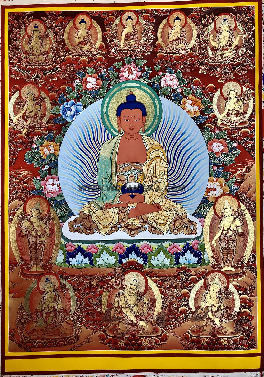 |已结缘·可定制|唐卡寄卖编号:JM·188-150221-阿弥陀佛虹光法相极乐红净土(红唐)