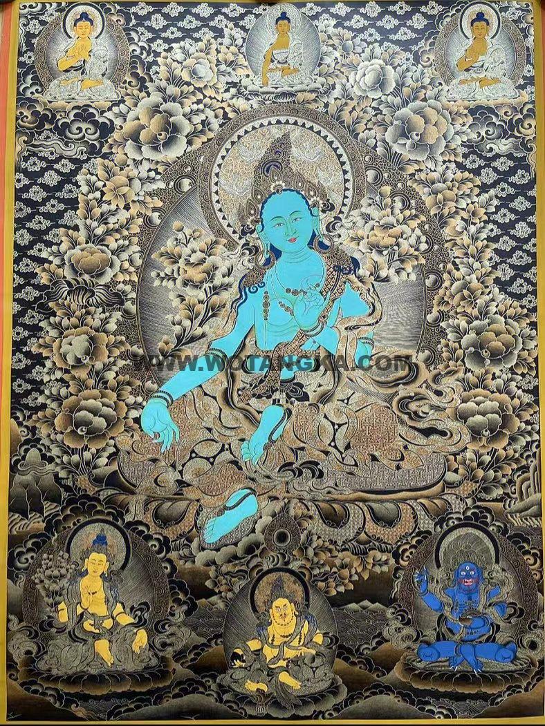热贡-完德才让·画院:黑金唐卡-绿度母(80*60CM左右)