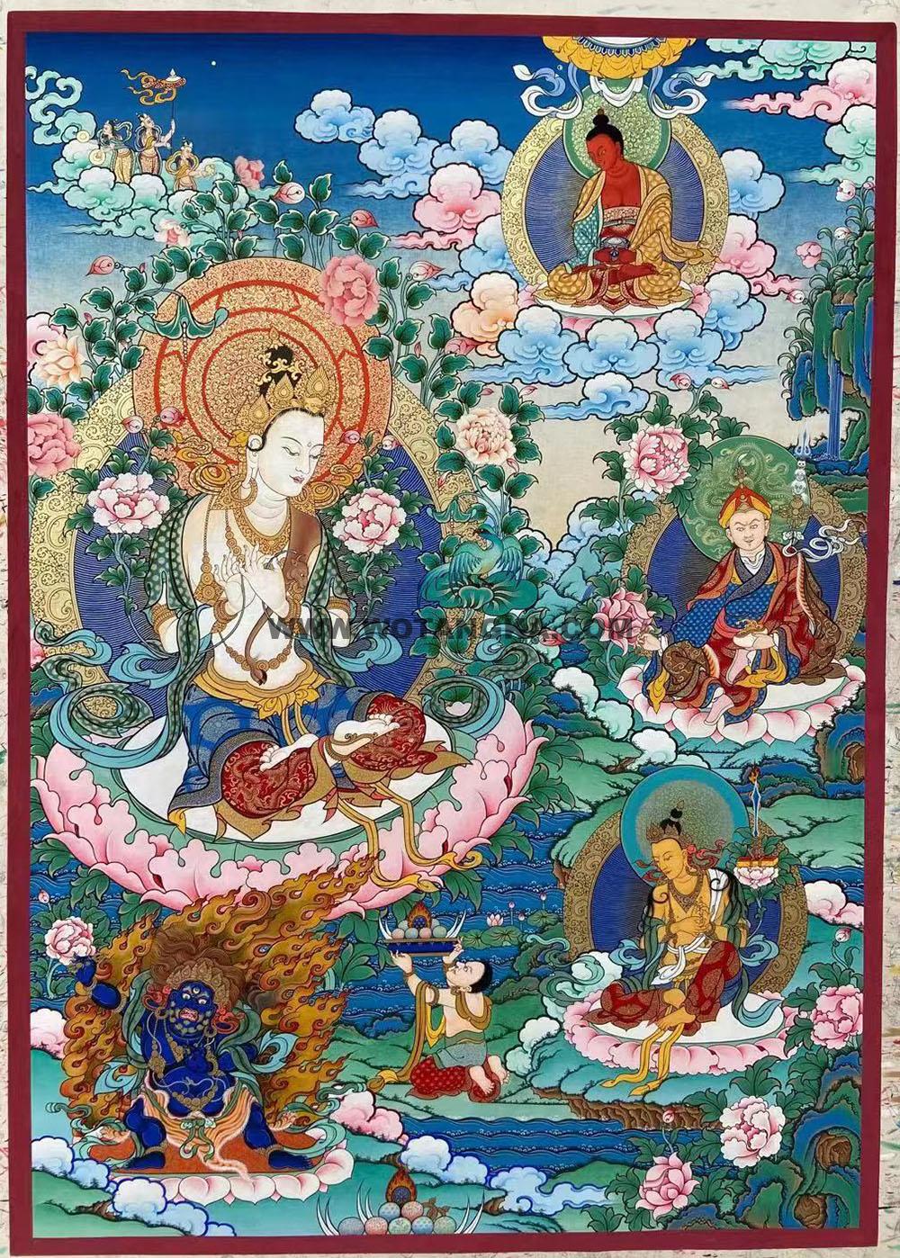 热贡-落桑尖措:彩绘唐卡-观音菩萨·三怙主(80*56CM左右)