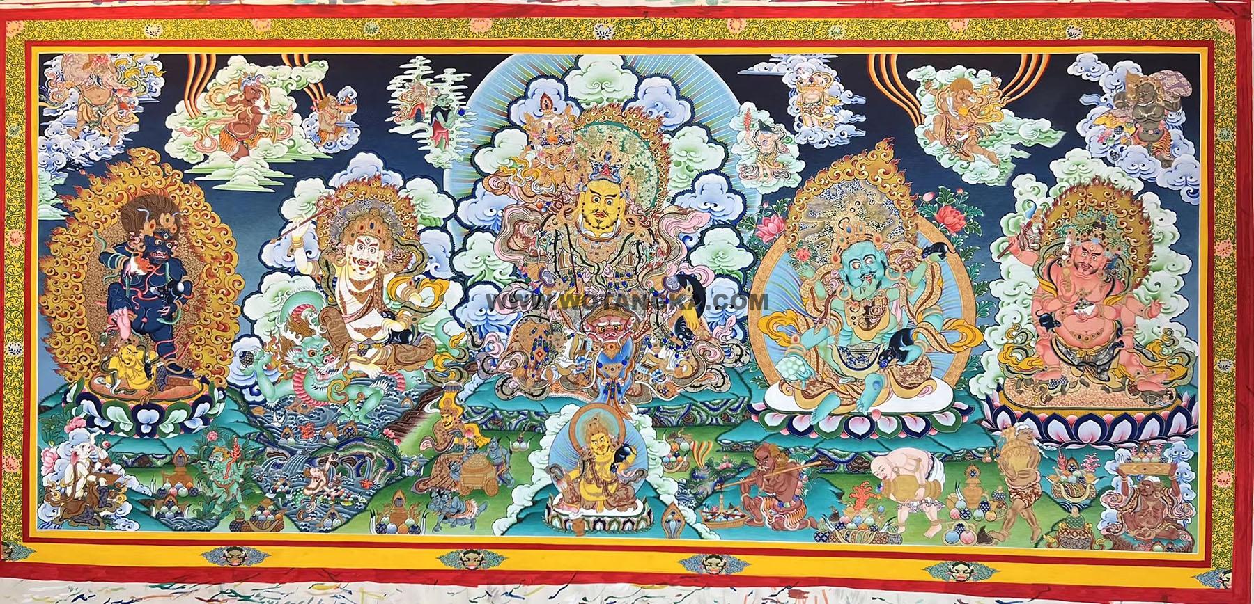 |已结缘·可定制|唐卡寄卖编号:JM·188-434081-多闻天王五方财神众北方财富净土绘卷(彩唐)