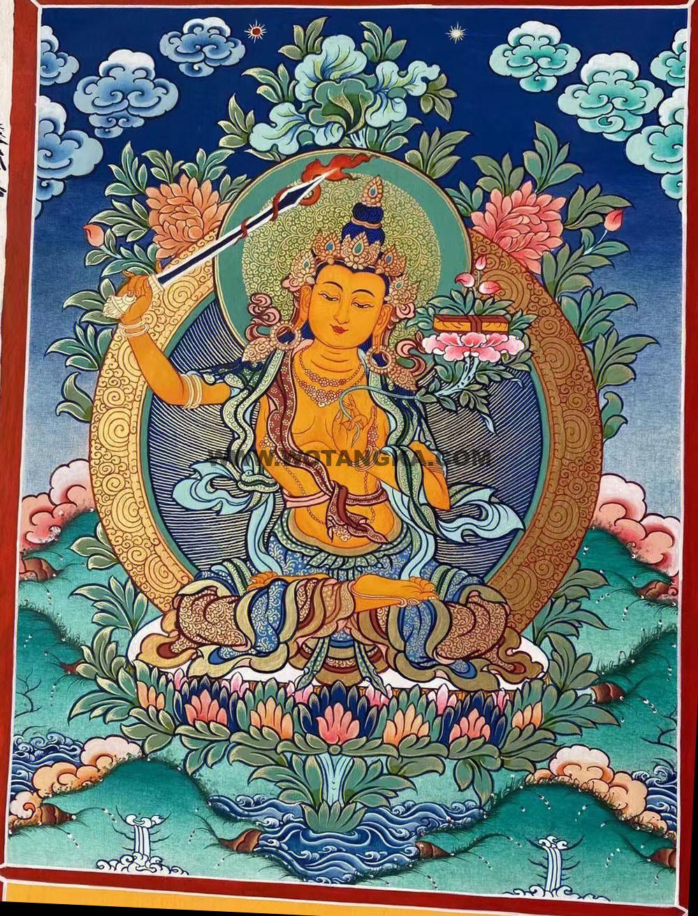 |已结缘·可定制|唐卡寄卖编号:JM·188-522360-智慧童子文殊供养图(彩唐)