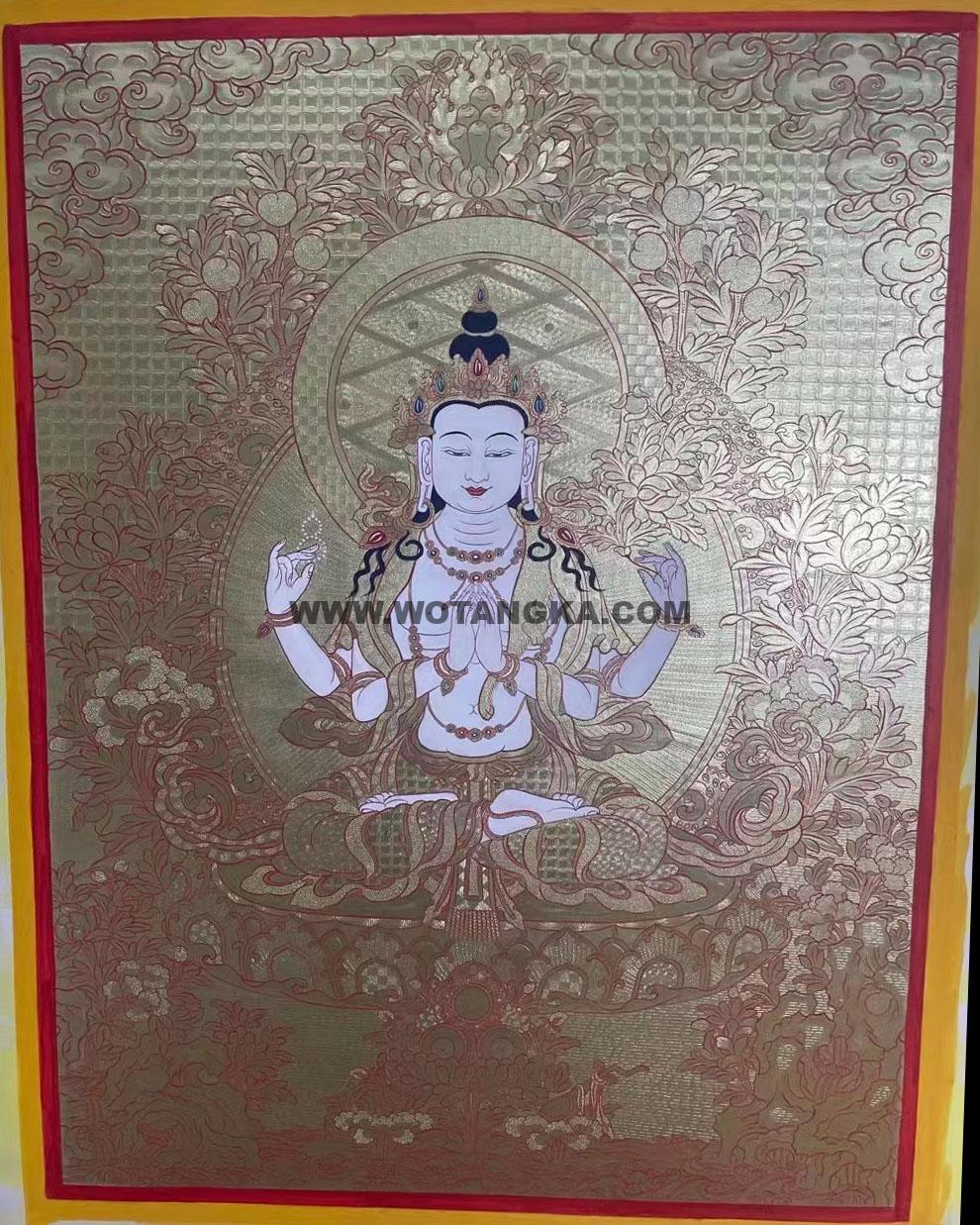 |已结缘·可定制|唐卡寄卖编号:JM·188-585263-四臂观音金莲图(金唐)