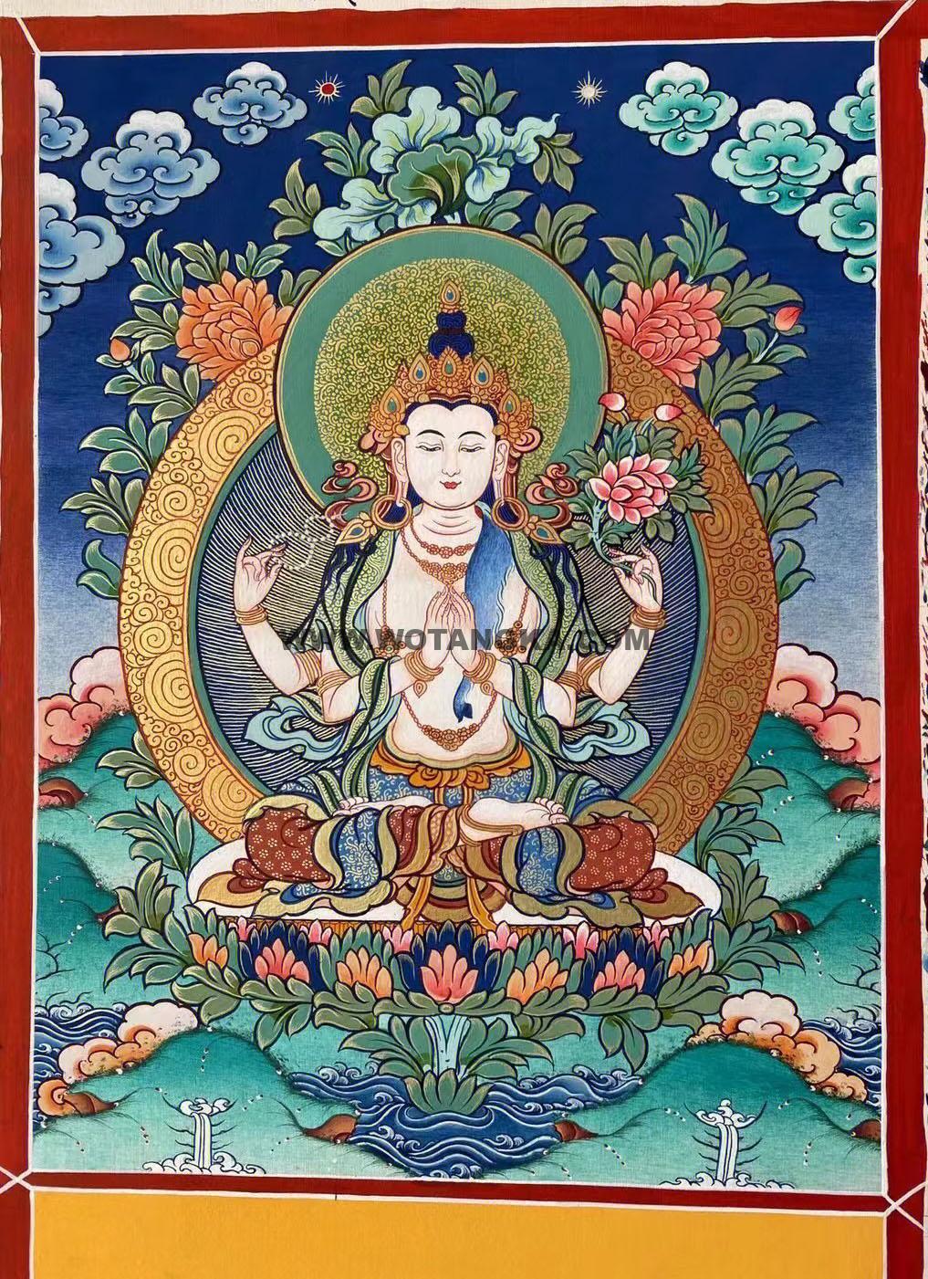 |已结缘·可定制|唐卡寄卖编号:JM·188-650527-慈悲雪域四臂观音观音供养图(彩唐)