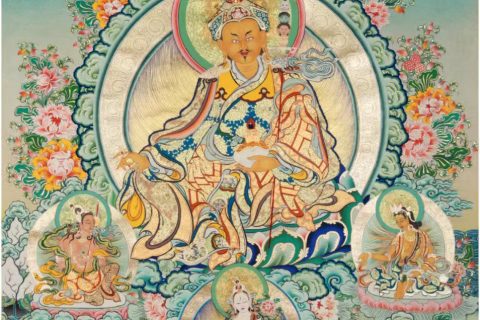 编号188-654933：彩绘唐卡-莲花生大士·师君三尊（100*70CM左右）