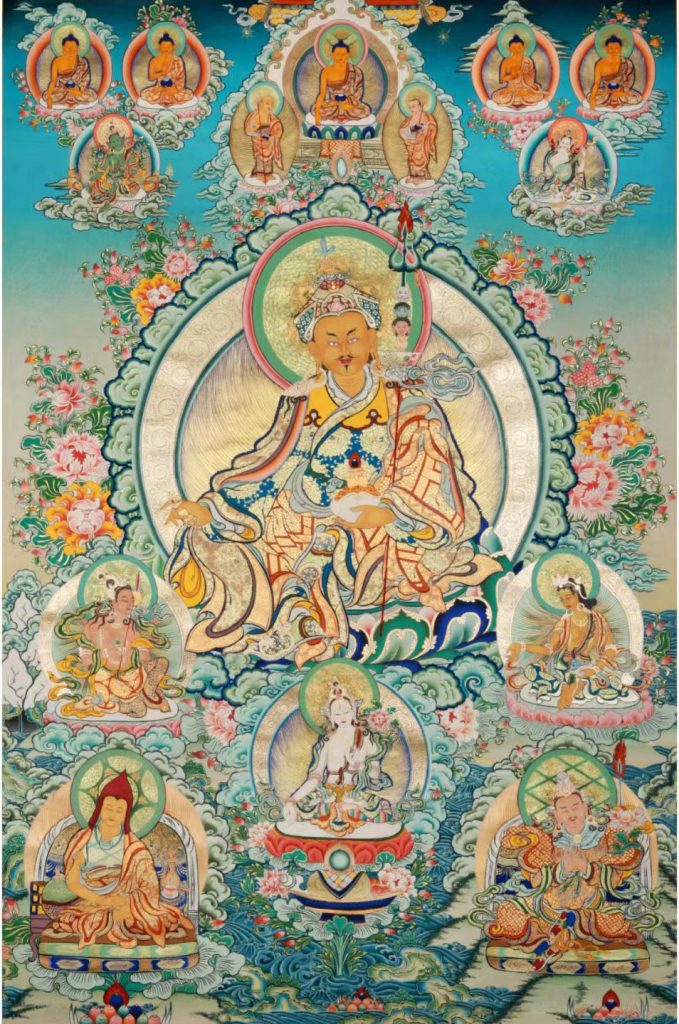 编号188-654933：彩绘唐卡-莲花生大士·师君三尊（100*70CM左右）