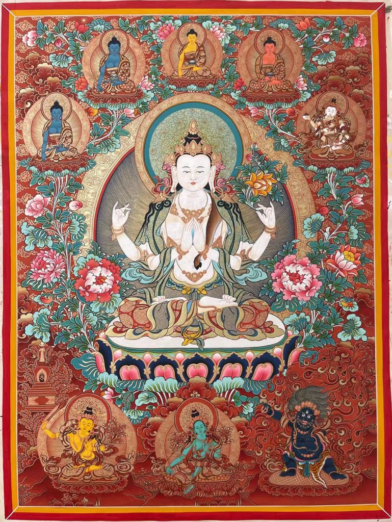 ｜已结缘·可定制｜唐卡寄卖编号：JM·188-863660-四臂观音红花小佛塔净土（红唐）