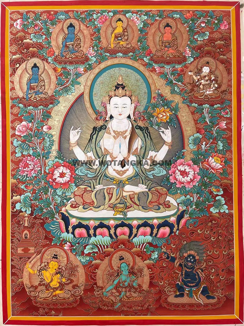 |已结缘·可定制|唐卡寄卖编号:JM·188-863660-四臂观音红花小佛塔净土(红唐)