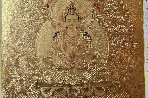 编号188-982750：黄金唐卡-长寿佛·长寿三尊（60*50CM左右）