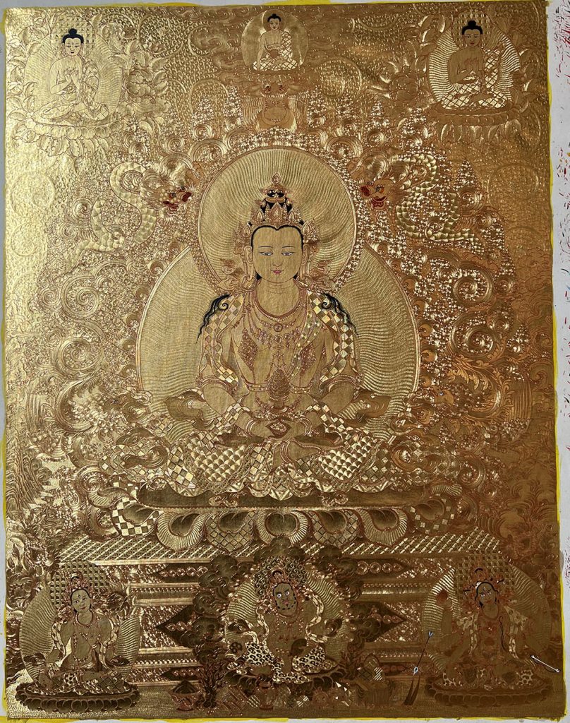 编号188-982750：黄金唐卡-长寿佛·长寿三尊（60*50CM左右）