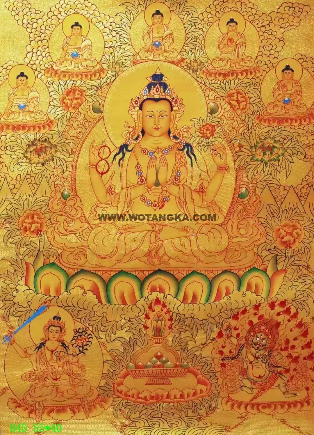 编号138-196350:黄金唐卡-四臂观音·三怙主(55*40CM左右)