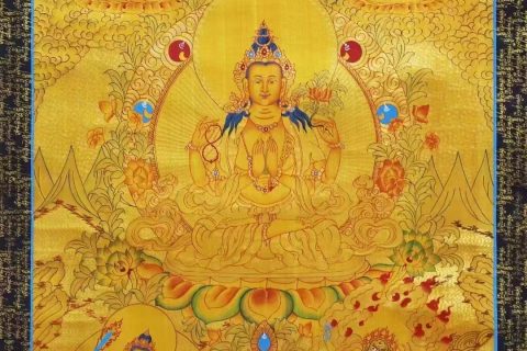 编号138-688042：黄金唐卡-四臂观音·三怙主（84*60CM左右）