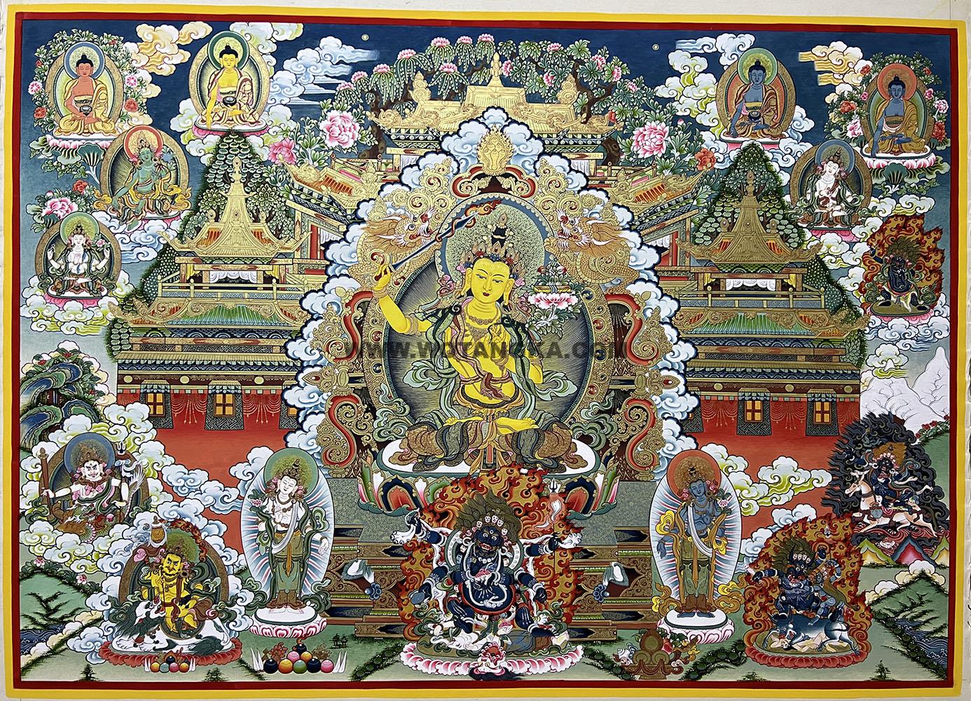 |已结缘·可定制|唐卡寄卖编号:JM·188-118668-文殊师利菩萨智慧净土供养图(彩唐)