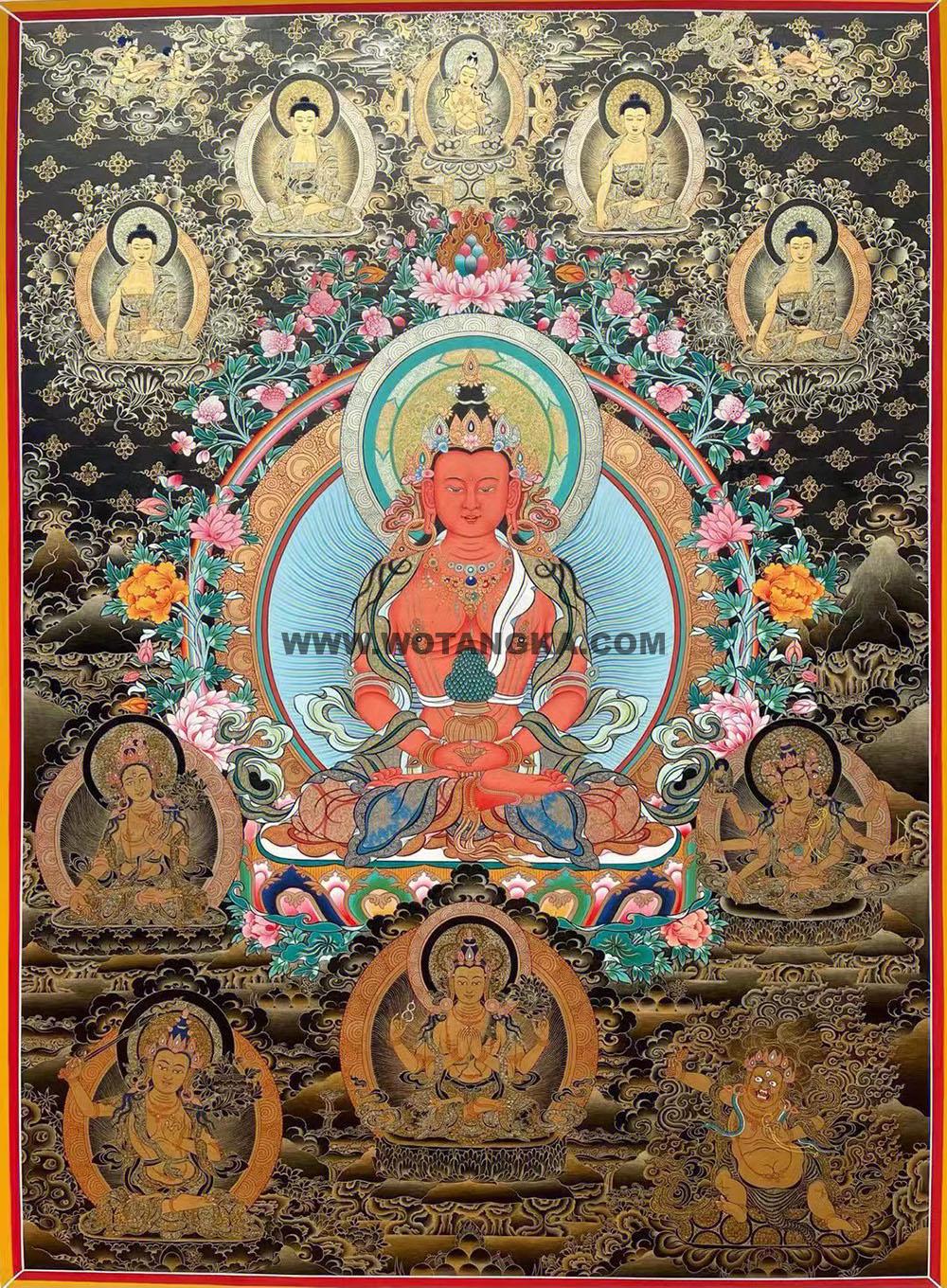 |已结缘·可定制|唐卡寄卖编号:JM·188-254330-长寿如来吉祥菩萨荟供养图(黑唐)