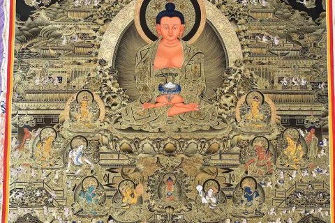 编号188-370430：黑金唐卡-阿弥陀佛·极乐净土（150*90CM左右）