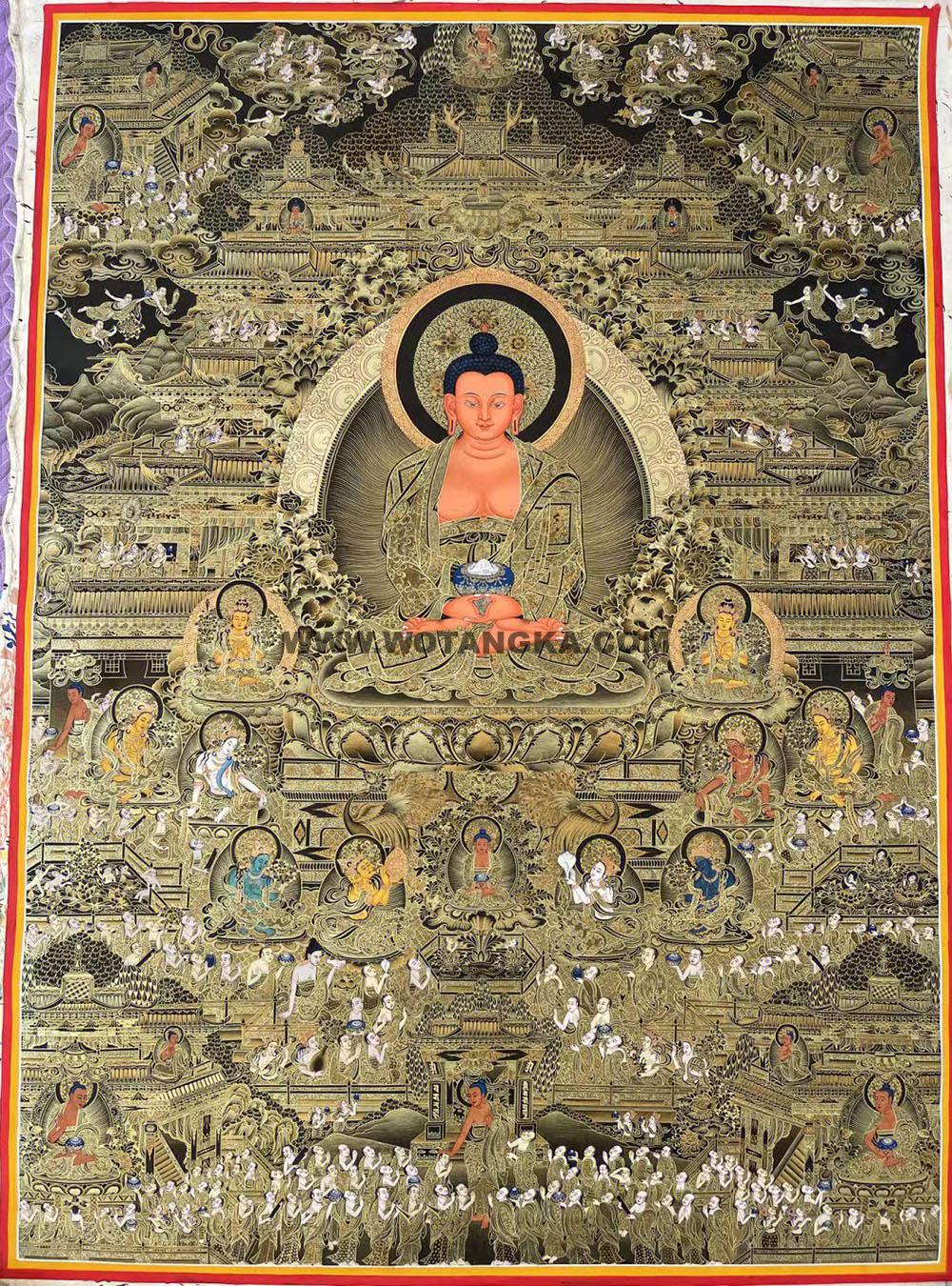 |已结缘·可定制|唐卡寄卖编号:JM·188-370430-阿弥陀佛西方极乐净土诸菩萨荟(黑唐)