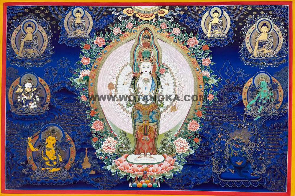 热贡-拉藏·画院：蓝金唐卡-千手观音·三怙主（80*120CM左右）