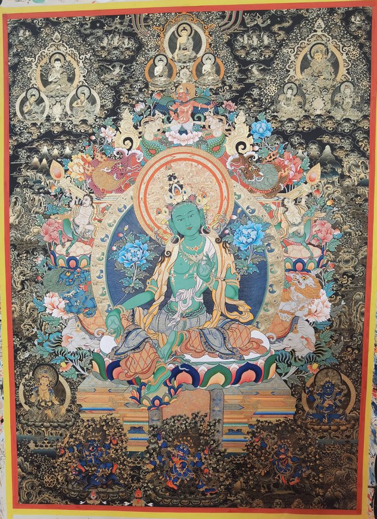 ｜已结缘·可定制｜唐卡寄卖编号：JM·188-406351-黑彩金绿度母吉祥净土上师本尊祈福供养图（黑唐）