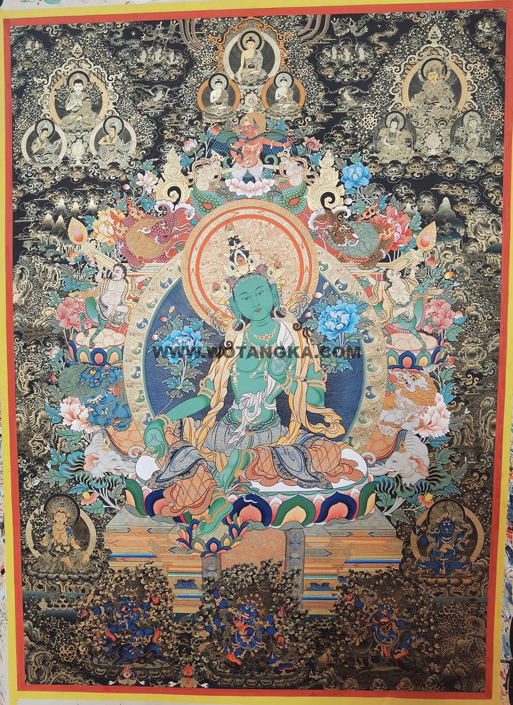 |已结缘·可定制|唐卡寄卖编号:JM·188-406351-黑彩金绿度母吉祥净土上师本尊祈福供养图(黑唐)
