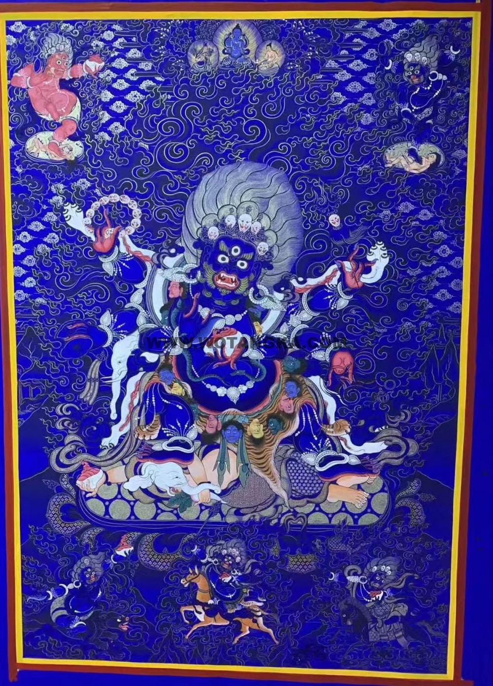 |已结缘·可定制|唐卡寄卖编号:JM·188-415176-蓝焰大黑天护法众镇宅图(蓝唐)