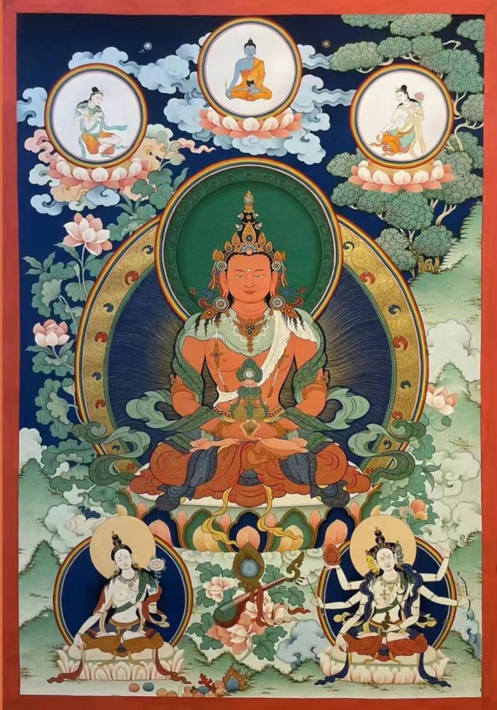 编号188-443581：彩绘唐卡-长寿佛·长寿三尊（75*50CM左右）