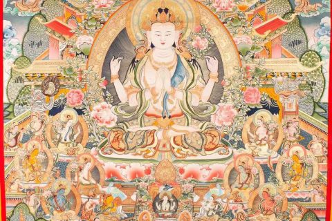 编号188-589047：彩绘唐卡-四臂观音·普陀道场（120*90CM左右）