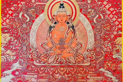 编号188-648310：红金唐卡-长寿佛·长寿三尊（100*70CM左右）