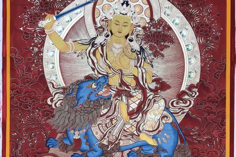 编号188-658756：红金唐卡-文殊菩萨·五部文殊（100*70CM左右）