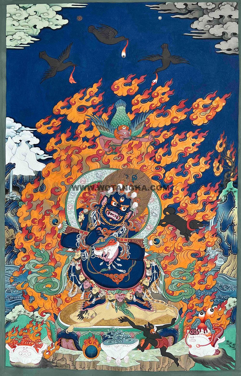 西藏·勉萨泽东画派-琼达：彩绘唐卡-宝帐护法（65*45CM左右）