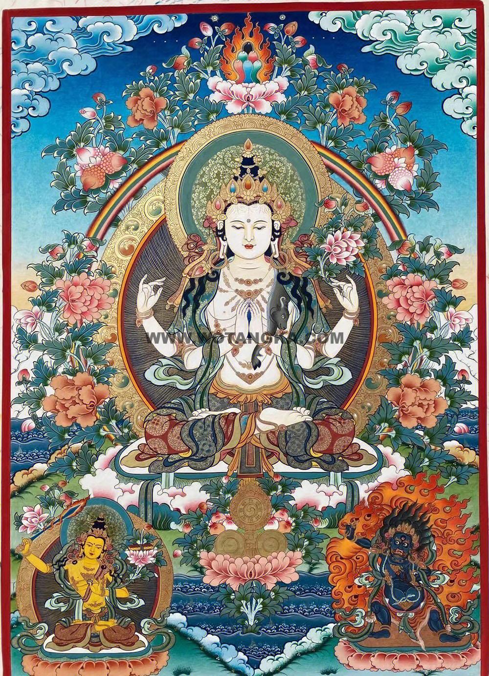 热贡-桑杰才让·画院:彩绘唐卡-四臂观音·三怙主(70*50CM左右)