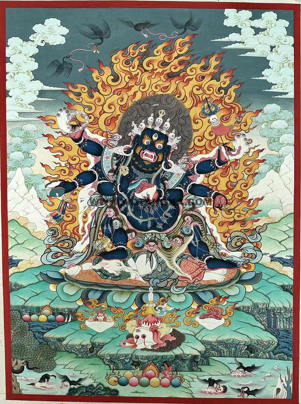 |已结缘·可定制|唐卡寄卖编号:JM·188-864347-征服者大黑天神天葬台供养图(彩唐)