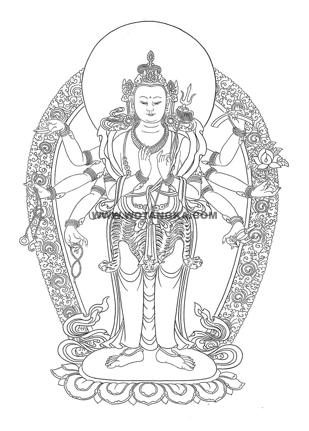 沃唐卡-唐卡白描线稿编号RD13577:八臂观音
