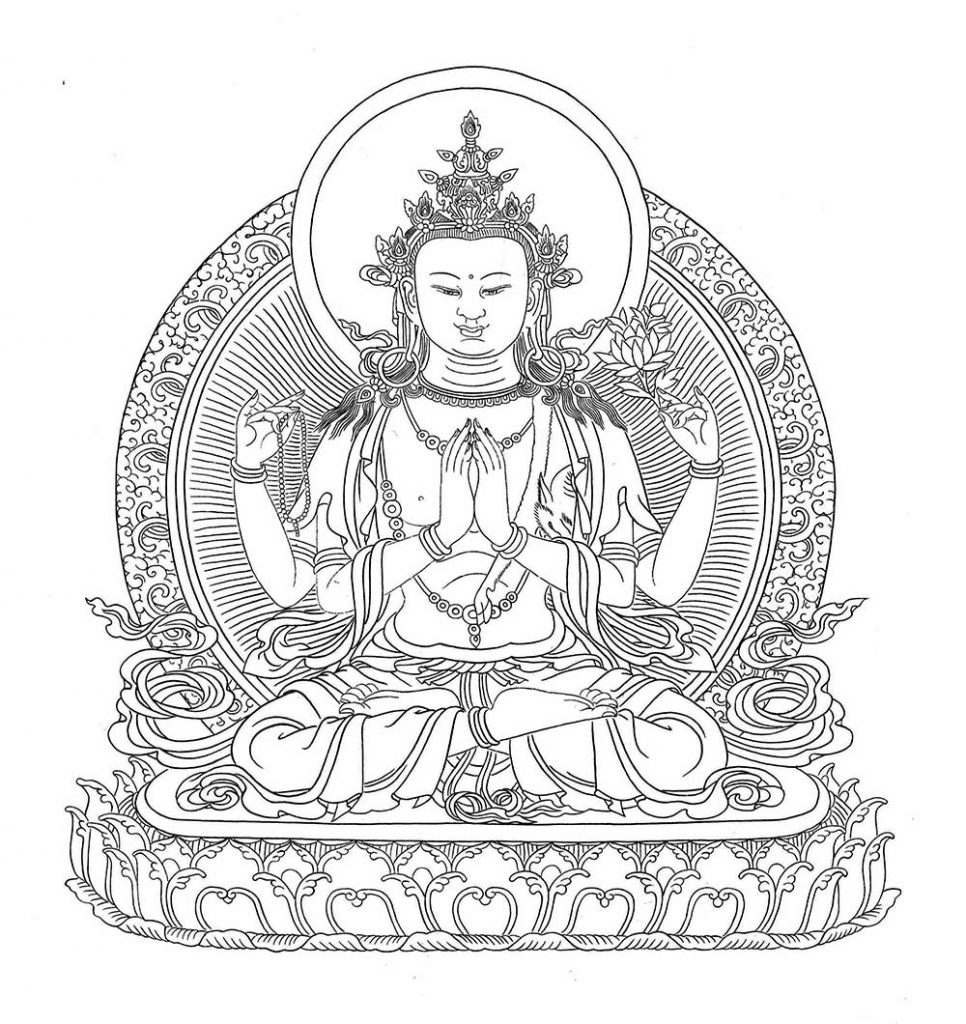 沃唐卡-唐卡白描线稿编号RD13975：四臂观音