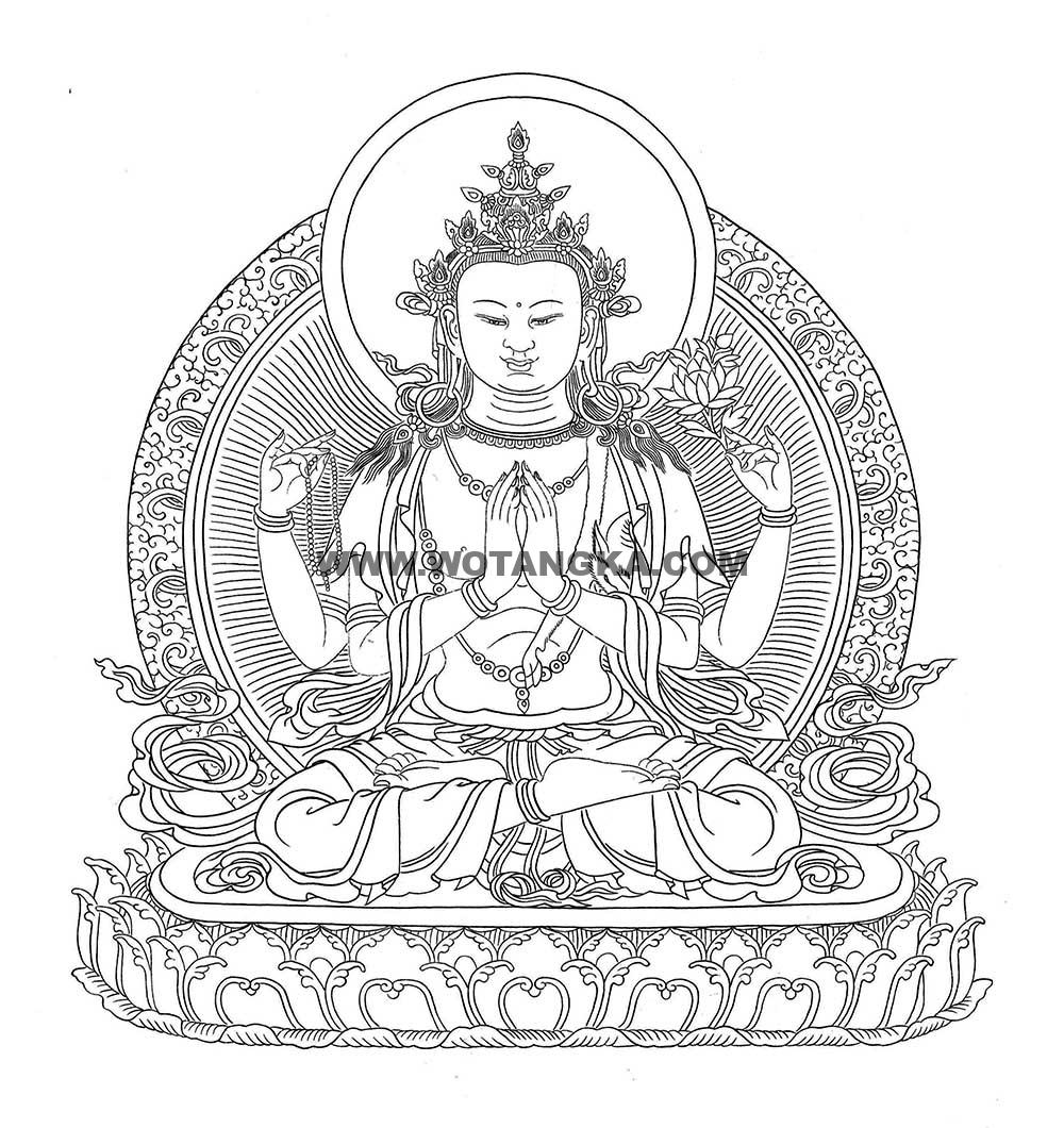 沃唐卡-唐卡白描线稿编号RD13975:四臂观音