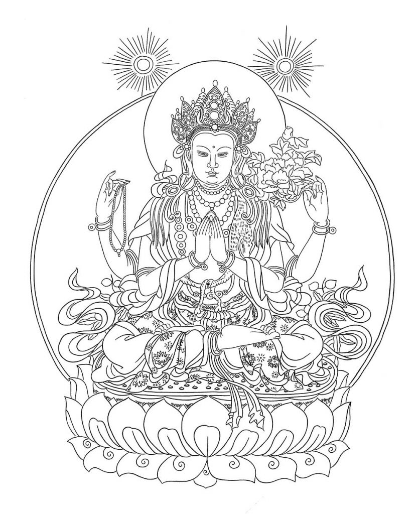 沃唐卡-唐卡白描线稿编号RD14604：四臂观音