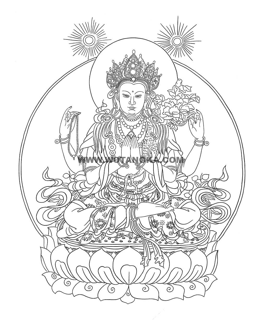 沃唐卡-唐卡白描线稿编号RD14604:四臂观音