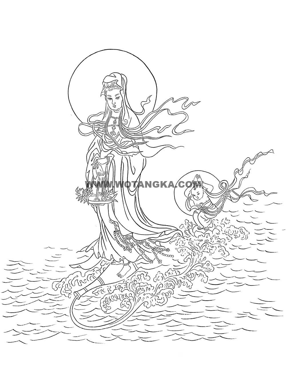 沃唐卡-唐卡白描线稿编号RD16377:送子观音