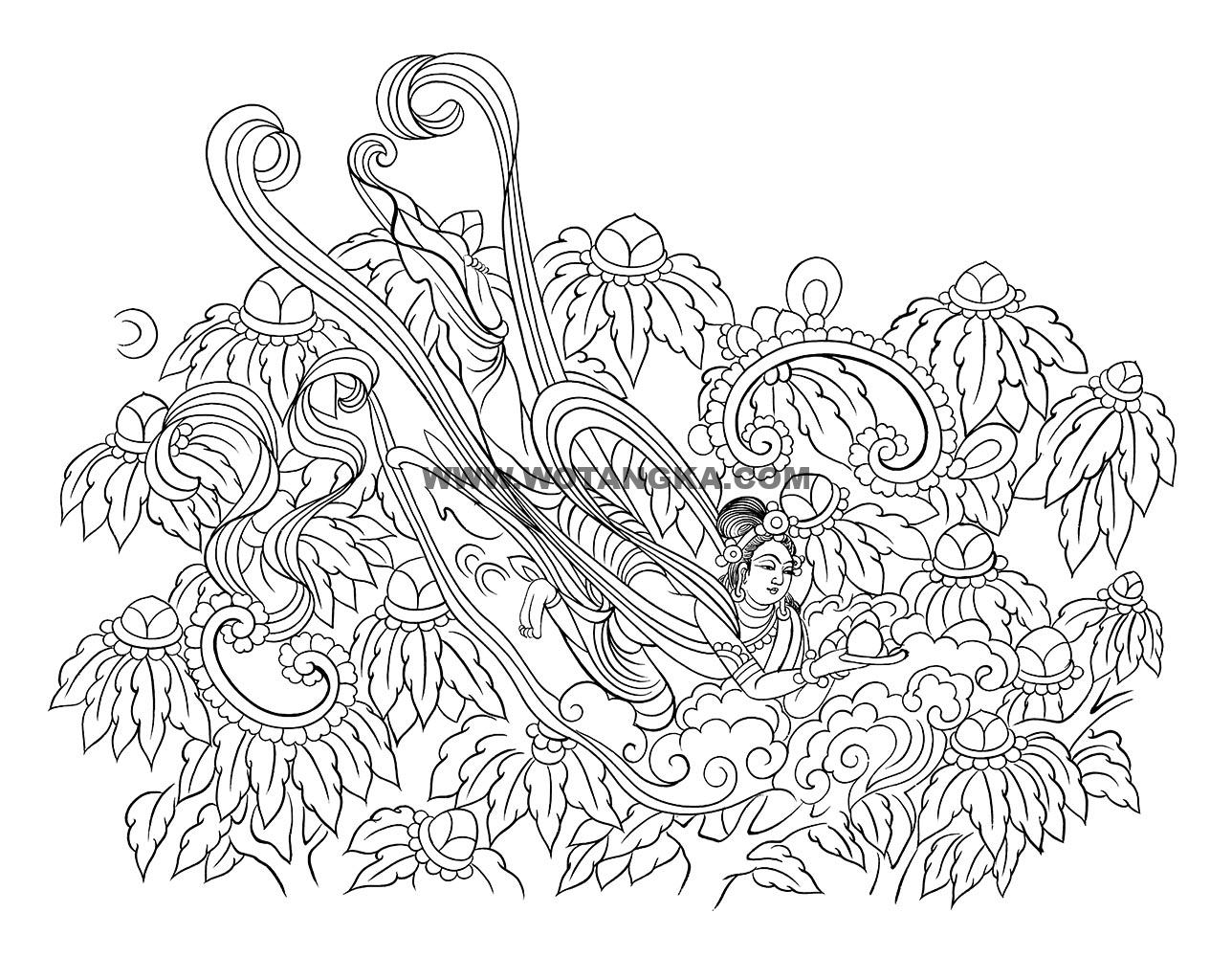 沃唐卡-唐卡白描线稿编号RD19157:敦煌莫高窟·盛唐·飞天