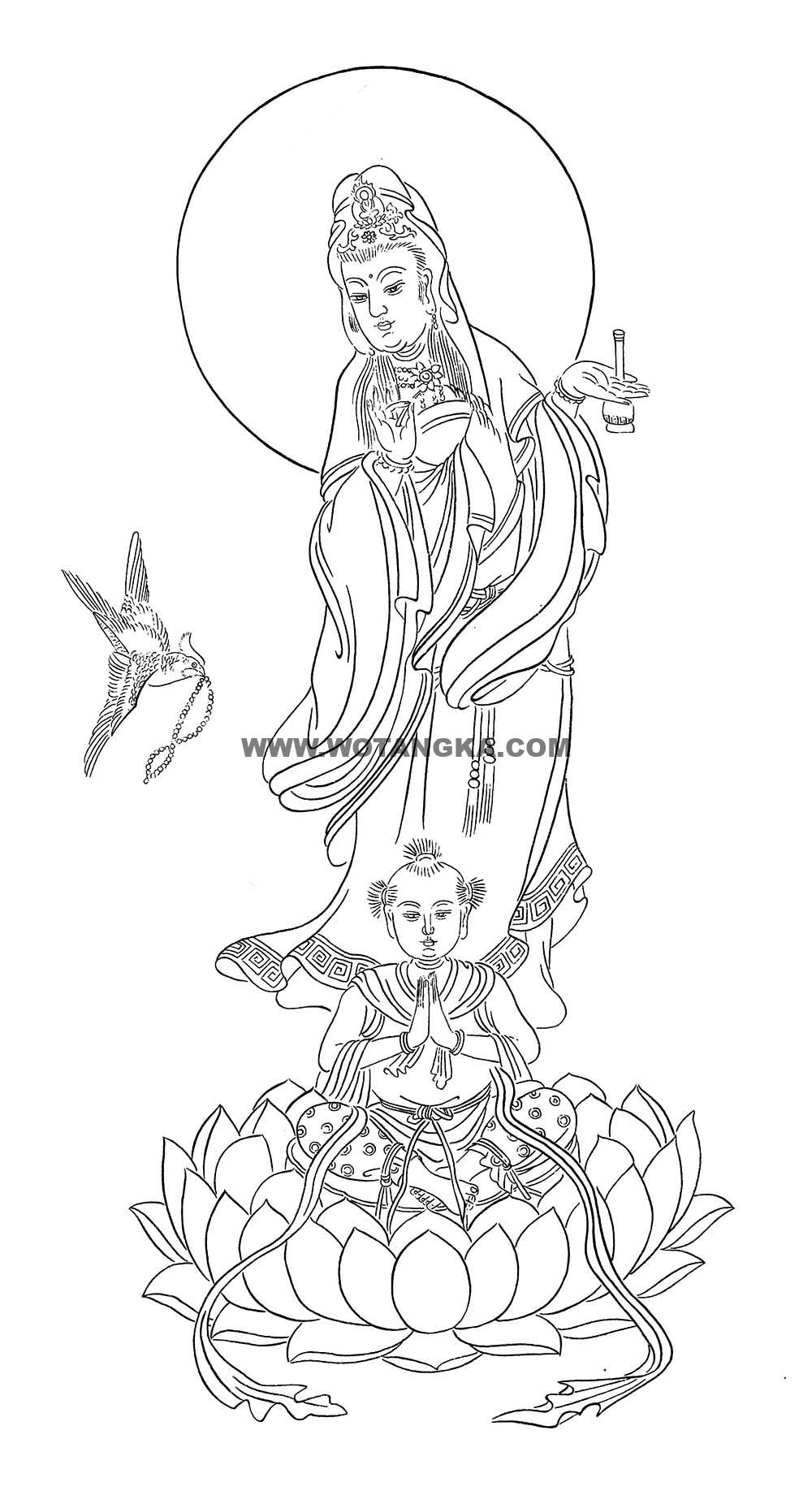 沃唐卡-唐卡白描线稿编号RD24478:六时观音