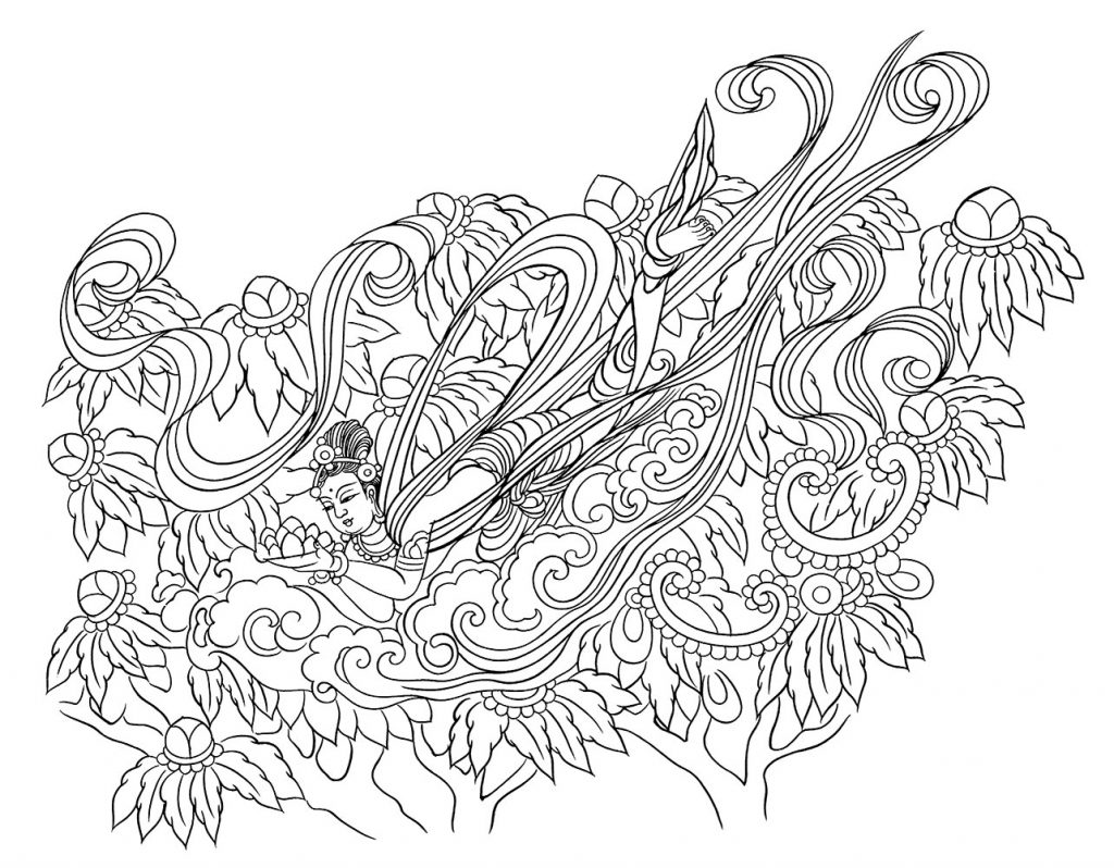沃唐卡-唐卡白描线稿编号RD25401：敦煌莫高窟·盛唐·飞天