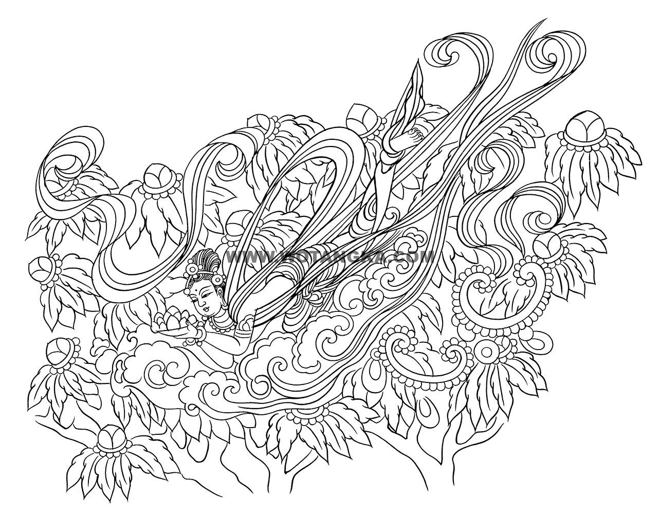 沃唐卡-唐卡白描线稿编号RD25401：敦煌莫高窟·盛唐·飞天